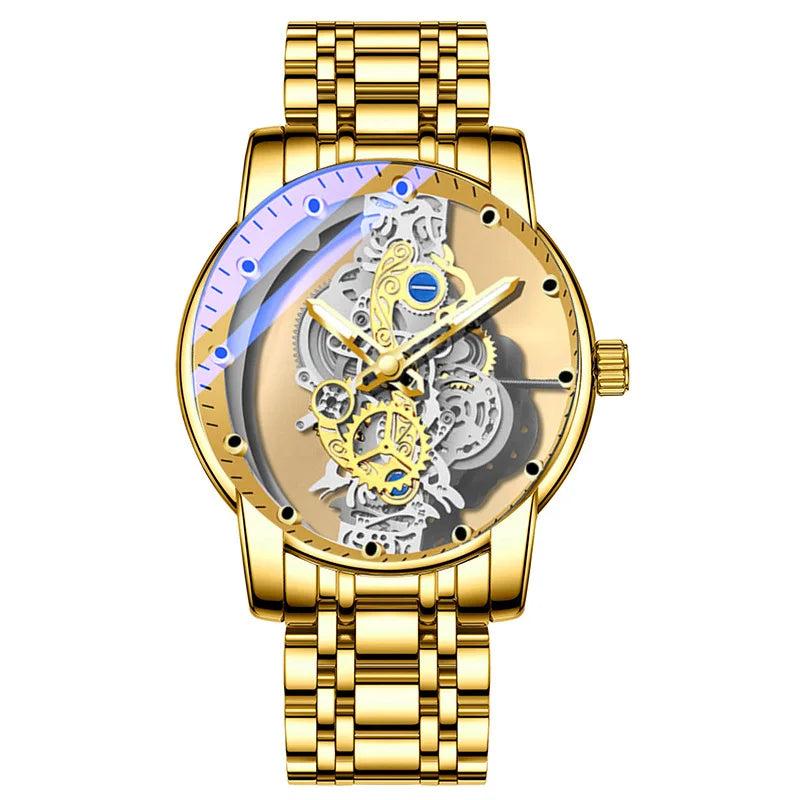 Hot Sale Fashion Transparent Watch Men Imitation Mechanical Watches Luminous Dial Stainless Steel Band Quartz Wristwatches Men