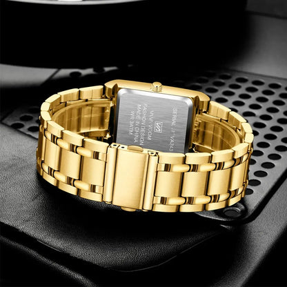 Herenzakelijk horloge, eenvoudig ontwerp, luxe mode, rechthoekig, zwart-goud, roestvrij staal, kalender, waterdicht, quartz, herenhorloges
