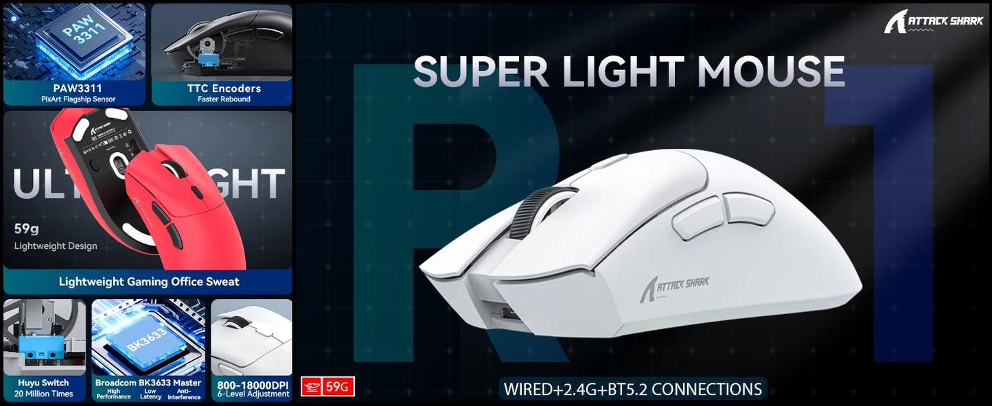 ATTACK SHARK R1 Tri-mode Gaming Mouse, PixArt PAW3311 Sensor, 18000 DPI, 1000hz, 59g Ultralight for Big Hand, for PC/Mac