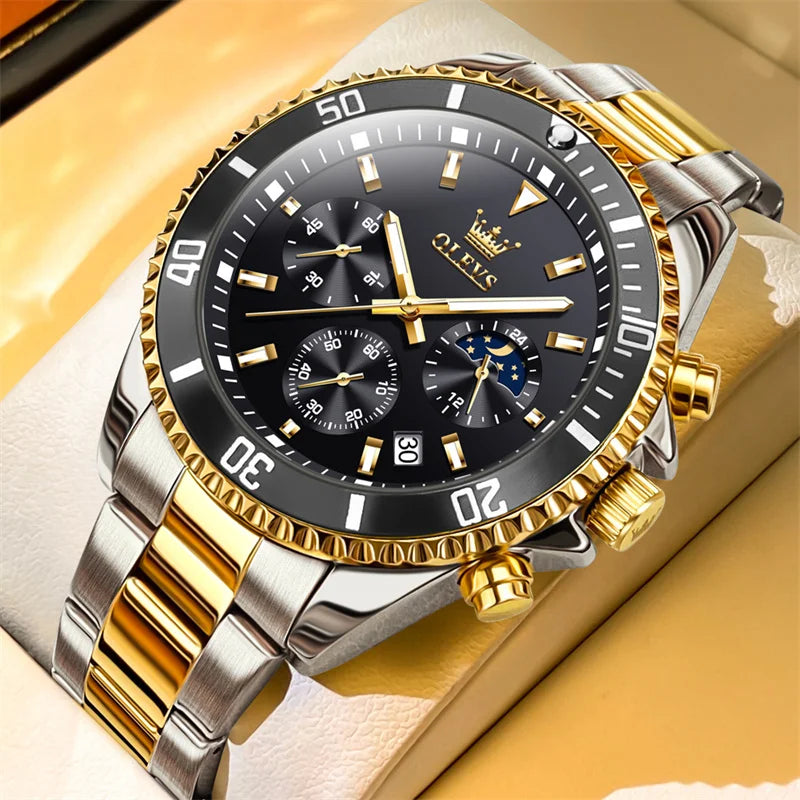 Orologio OLEVS da uomo, marchio di lusso, orologio militare al quarzo dorato, impermeabile, datario luminescente, cassa in acciaio inossidabile.