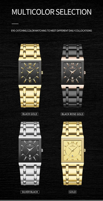 Herenzakelijk horloge, eenvoudig ontwerp, luxe mode, rechthoekig, zwart-goud, roestvrij staal, kalender, waterdicht, quartz, herenhorloges