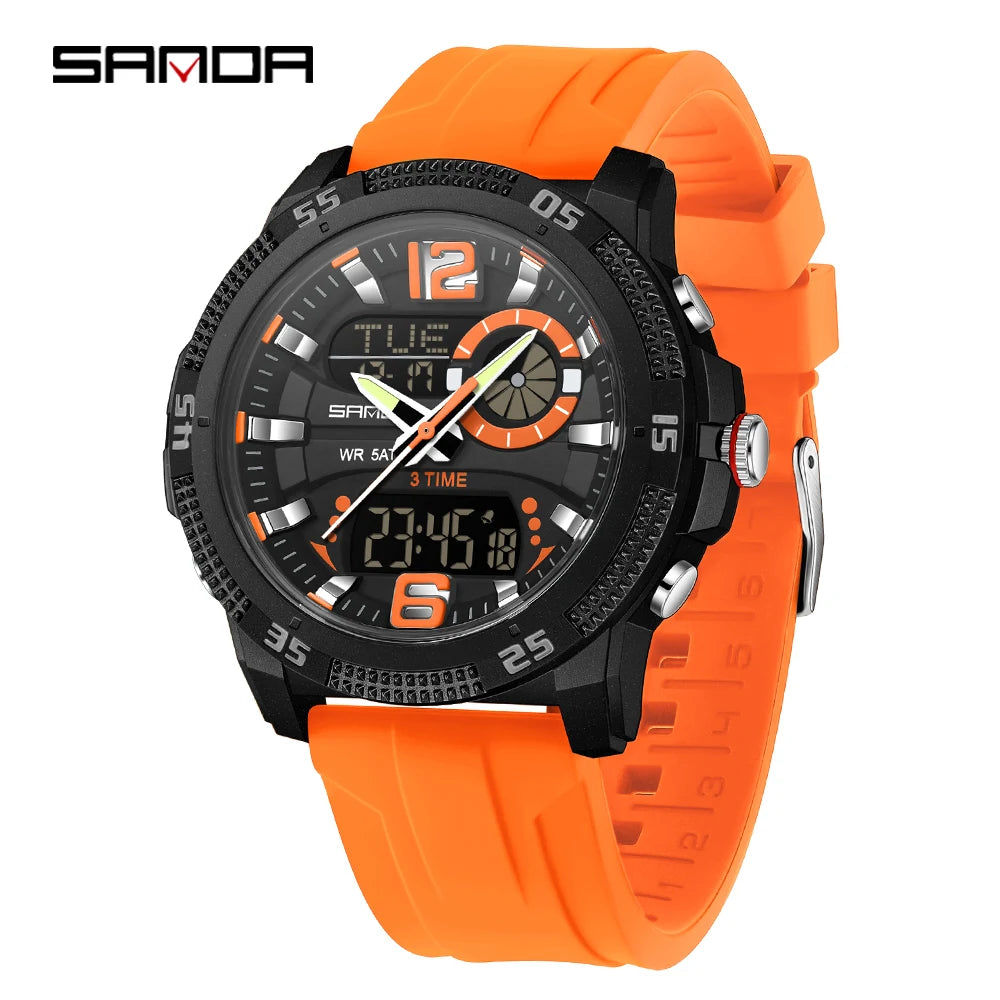 Montres de luxe pour homme SANDA Fashion : montre-bracelet à quartz analogique et numérique, style sportif, décontractée, étanche, avec chronographe en silice