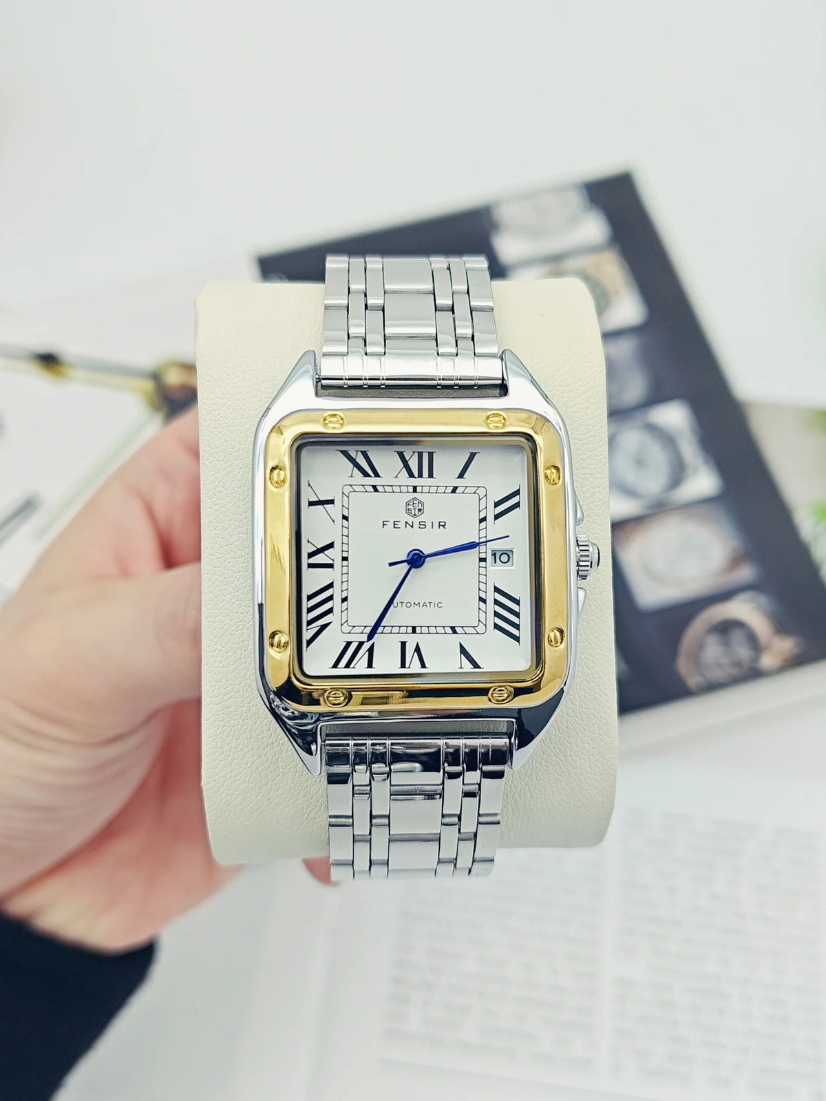 Montre carrée pour homme — Bracelet en acier inoxydable, affichage de la date