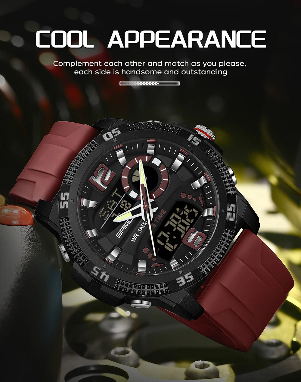 Montres de luxe pour homme SANDA Fashion : montre-bracelet à quartz analogique et numérique, style sportif, décontractée, étanche, avec chronographe en silice