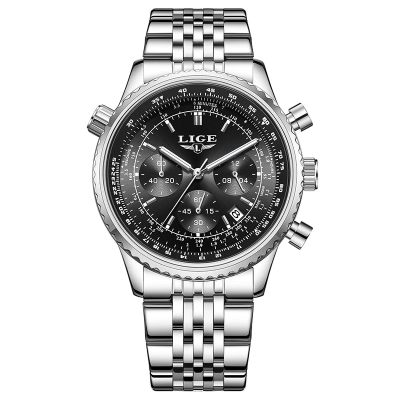 LIGE Luxusuhr für Herren – Chronograph mit Datumsanzeige, aus Edelstahl, wasserdicht, leuchtend, im sportlichen und militärischen Stil, Quarzuhr für Herren