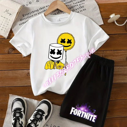 Sommer-Fortnite-T-Shirt und Shorts für Jungen und Mädchen, 2-teiliges Kinder-Set mit Oberteil und Hose, Fortress-Night-Print, Geschenk