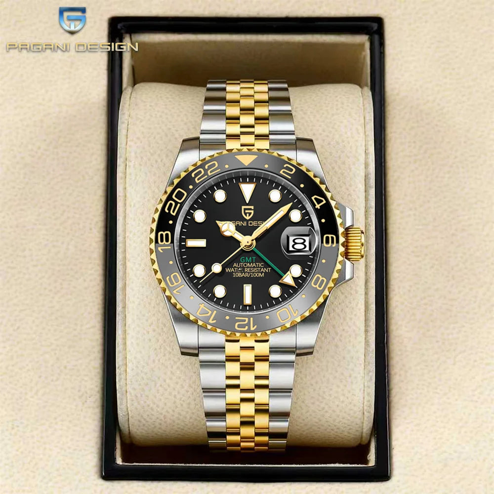 Orologio meccanico da uomo Pagani Design GMT – Modello di lusso con vetro zaffiro, cassa in acciaio inossidabile e lunetta in ceramica – Orologio automatico da uomo, stile professionale