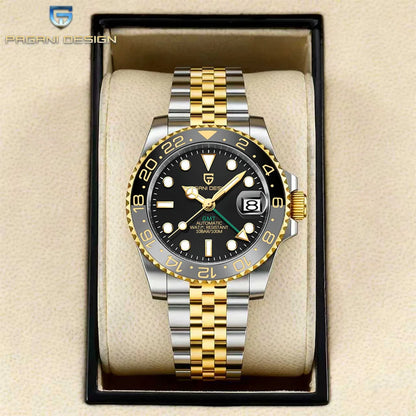 Orologio meccanico da uomo Pagani Design GMT – Modello di lusso con vetro zaffiro, cassa in acciaio inossidabile e lunetta in ceramica – Orologio automatico da uomo, stile professionale