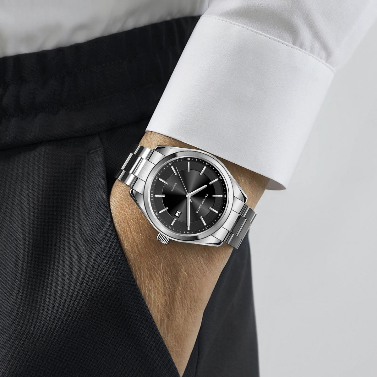 Orologio al quarzo HANNAH MARTIN, 40 mm, da uomo, cinturino in acciaio inossidabile nero, impermeabile fino a 3 bar, stile sport-chic