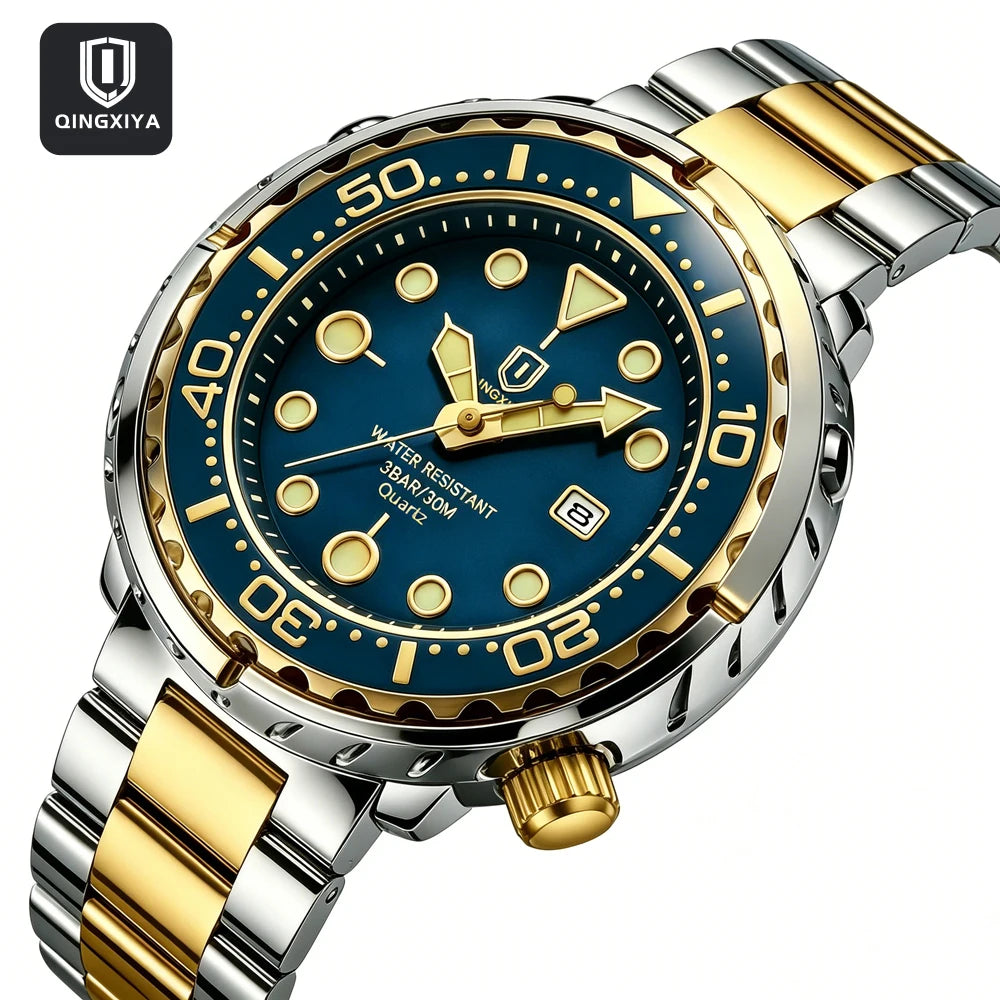 Montres pour homme QINGXIYA : montres de luxe à quartz pour homme, tendance, étanches, luminescentes, avec date et cadran rotatif, en acier inoxydable