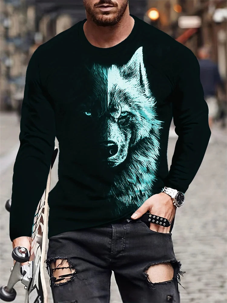 2024 New Wolf Print Men's Long Sleeve T-shirt Spring and Autumn Daily Casual Street Fashion Men's Long Sleeve T-shirt