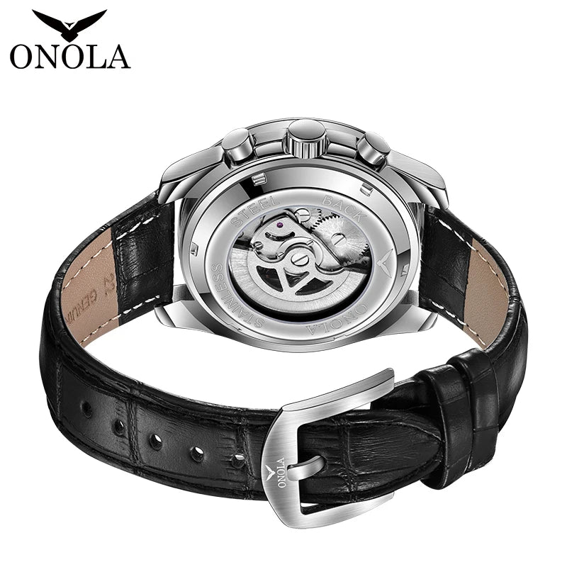 Orologio meccanico da uomo ONOLA – Orologio automatico di lusso dallo stile casual, con cinturino in pelle e quadrante traforato