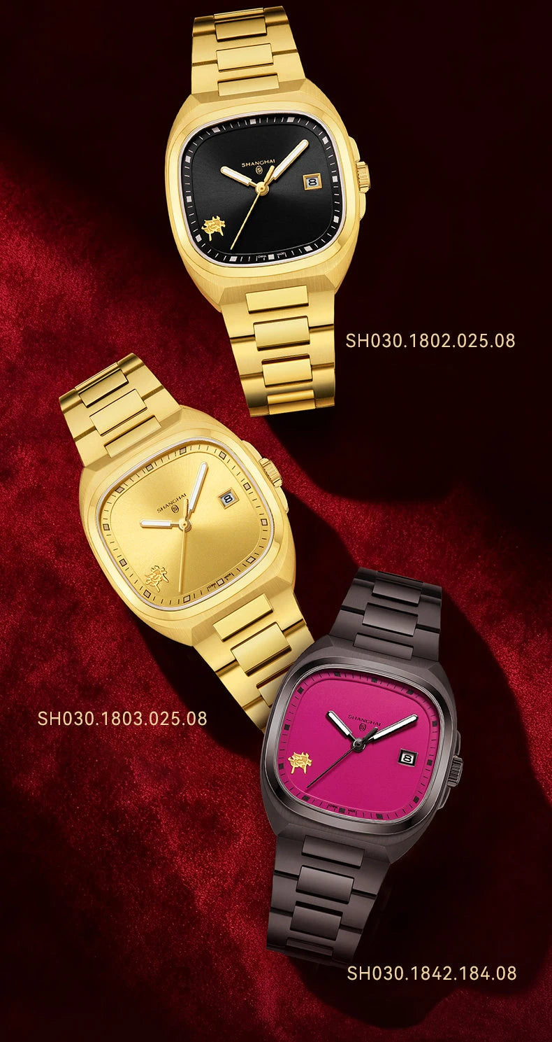 Montre mécanique vintage Shanghai Square, montre automatique pour homme en or 24 carats, boîtier de 38 mm, acier inoxydable 316L, montre-bracelet de luxe SH030