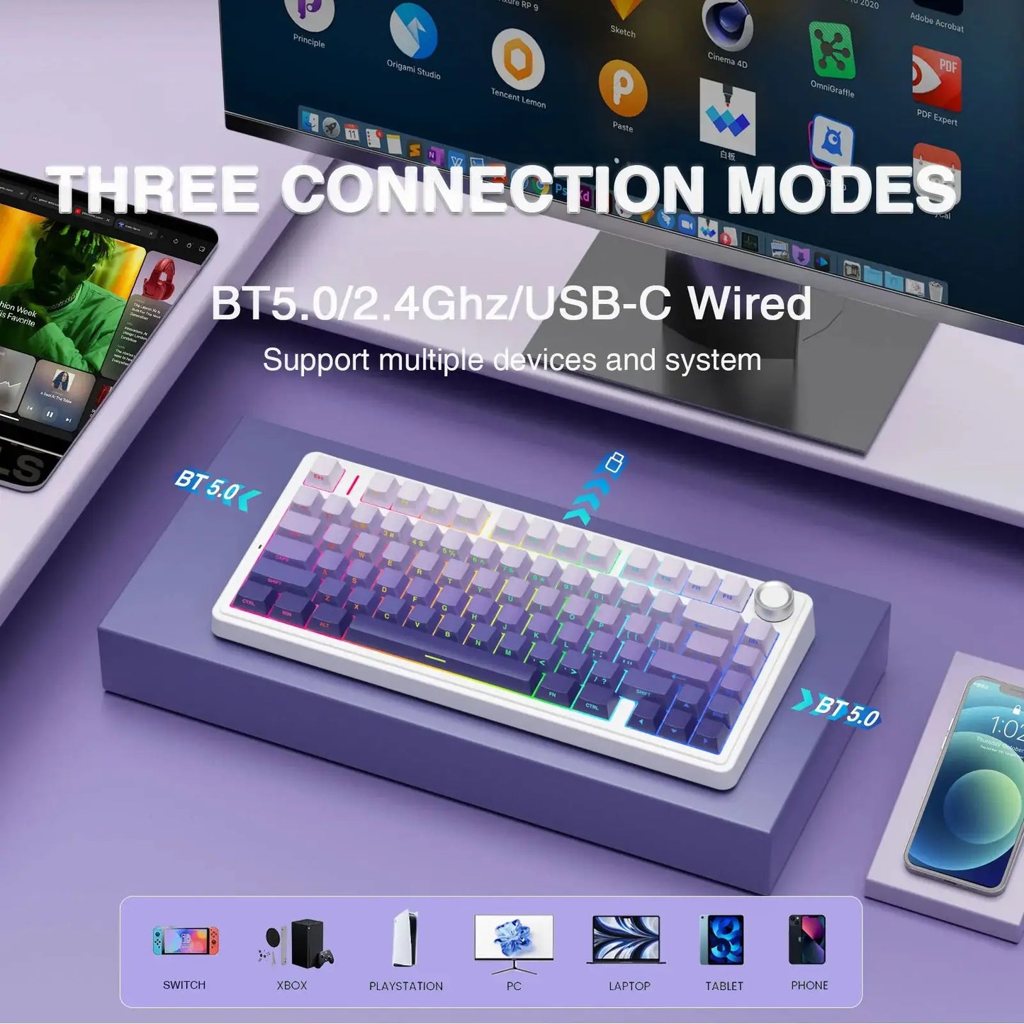 AULA F75 Pro Gasket Mounted Wireless Gaming Mechanical Keyboard RGB Customized 75% Layout Side-engraving PBT Keycaps