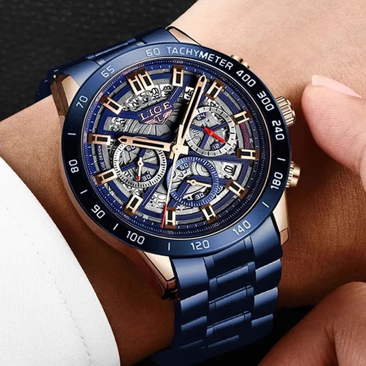 Orologio da uomo LIGE – Orologio di lusso di un marchio prestigioso, modello traforato, cronografo al quarzo, impermeabile e sportivo