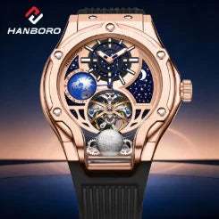 Orologio meccanico automatico da uomo, modello «Cielo stellato»: design scheletrato, stile costellazione, cassa in acciaio inossidabile, quadrante in rilievo, funzione luminescente e impermeabilità.