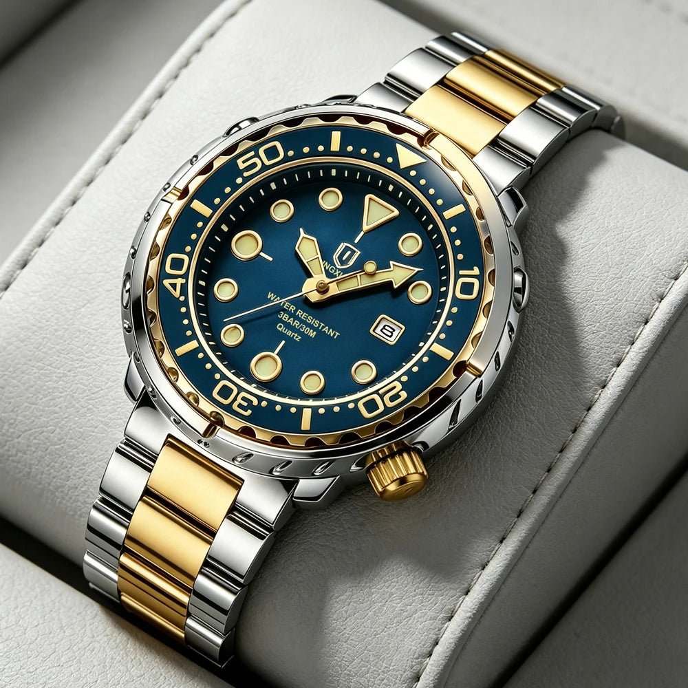 Montres pour homme QINGXIYA : montres de luxe à quartz pour homme, tendance, étanches, luminescentes, avec date et cadran rotatif, en acier inoxydable