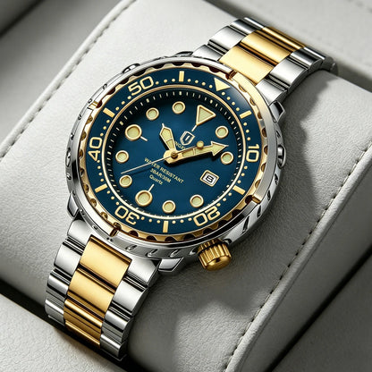 Montres pour homme QINGXIYA : montres de luxe à quartz pour homme, tendance, étanches, luminescentes, avec date et cadran rotatif, en acier inoxydable