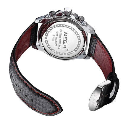 Relógio de pulso analógico de quartzo para homem MEGIR – Relógio de luxo à prova de água com bracelete em pele, estilo descontraído, modelo 1010 (preto)