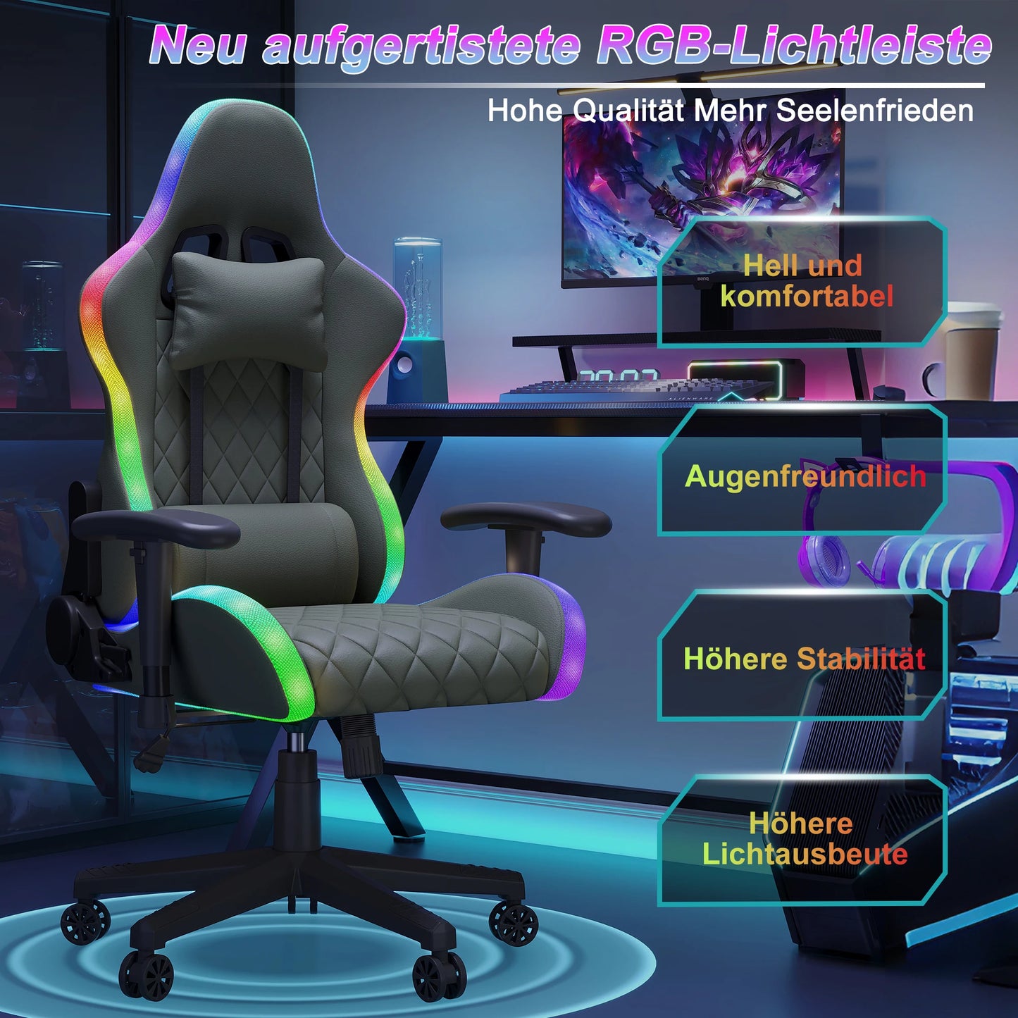 Rosahqnda Gaming Chair with Massage Function, Adjustable backrest,Computer Chair,with ambient light,Lumbar Cushion, Pillow,150 KG