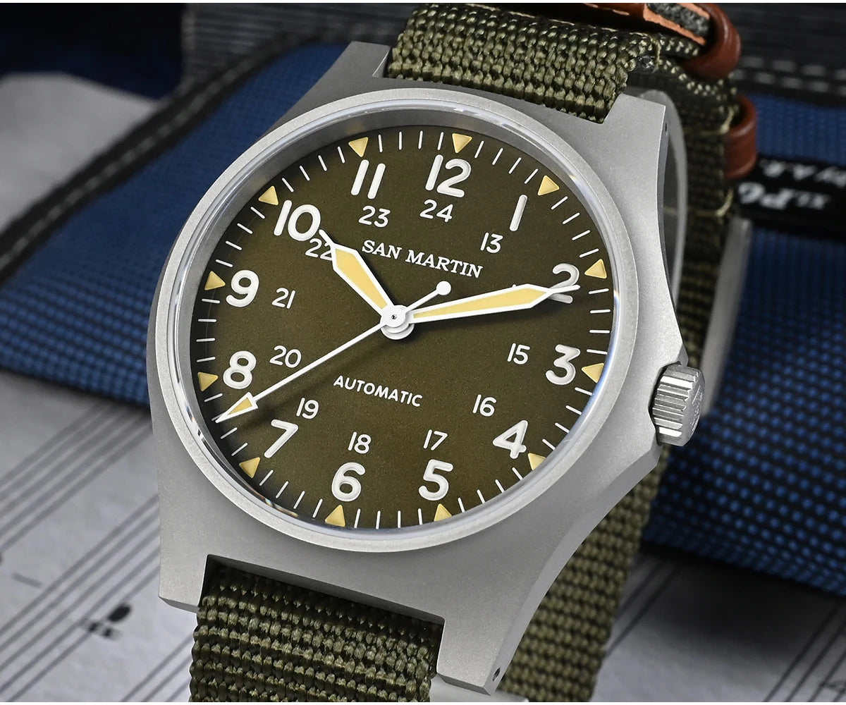 San Martin Pilot Watch 38mm NH35 Retro Military Automatic Mechanical Wristwatch Bead Blasted Case Waterproof 100m SN0137