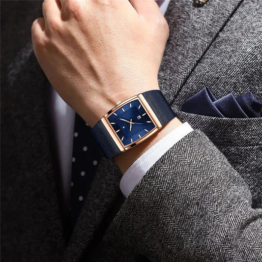 Quarz-Armbanduhren, neue quadratische Herrenuhren, Farbe Roségold, hohe Qualität; Luxusuhr, Herrenmodell, blaues Zifferblatt.