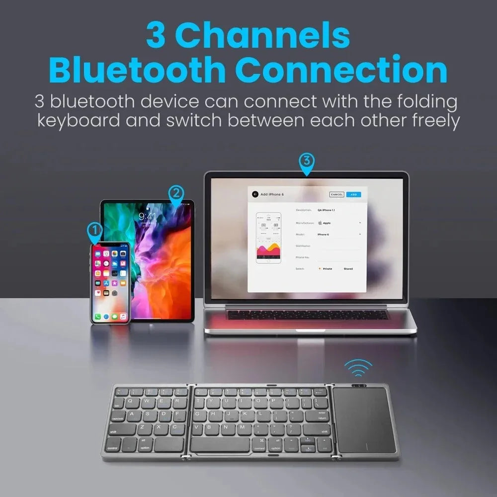 Tri-Bluetooth Keyboard Tri-fold keyboard with Touchpad Portable Mini Keyboard Rechargeable Keyboard for PC Windows Android IOS