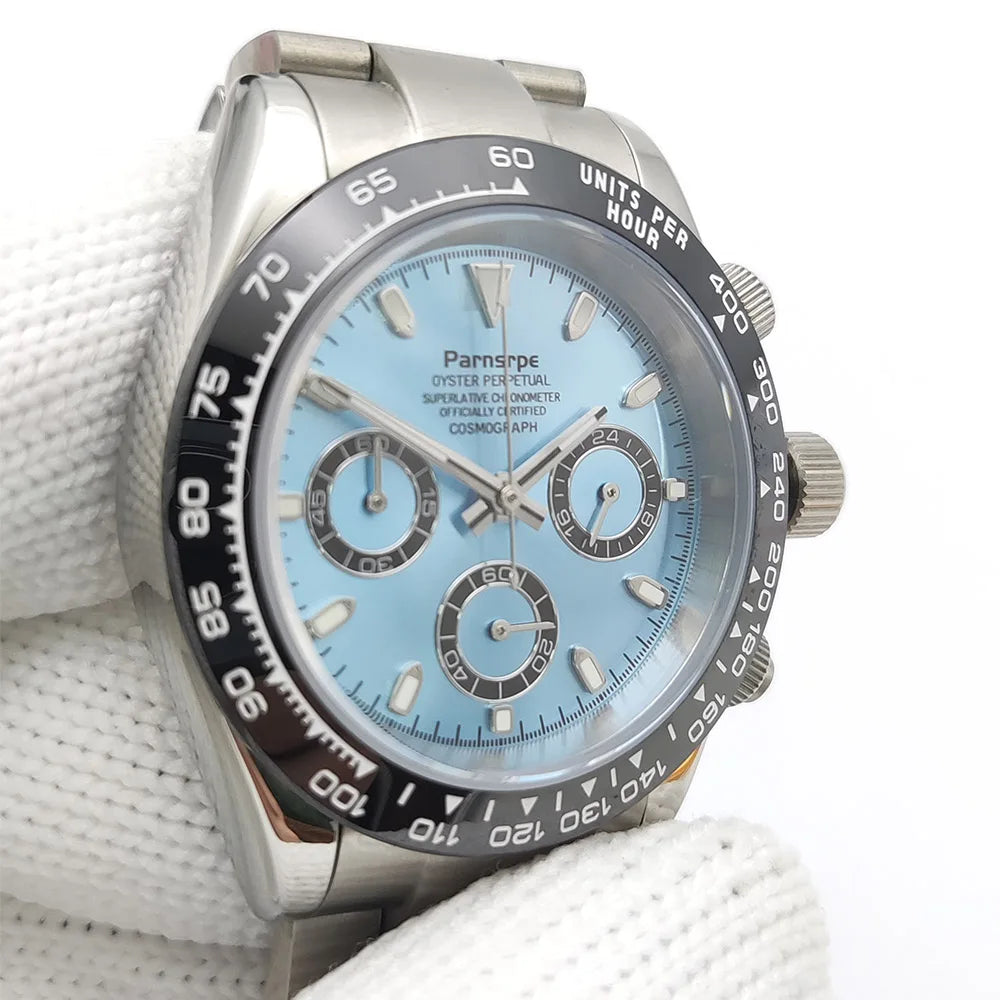 Zegarek kwarcowy dla mężczyzn 39 mm – luksusowy chronograf, modny, z szafirowym szkiełkiem, stylowy, sportowy, z bransoletą ze stali nierdzewnej