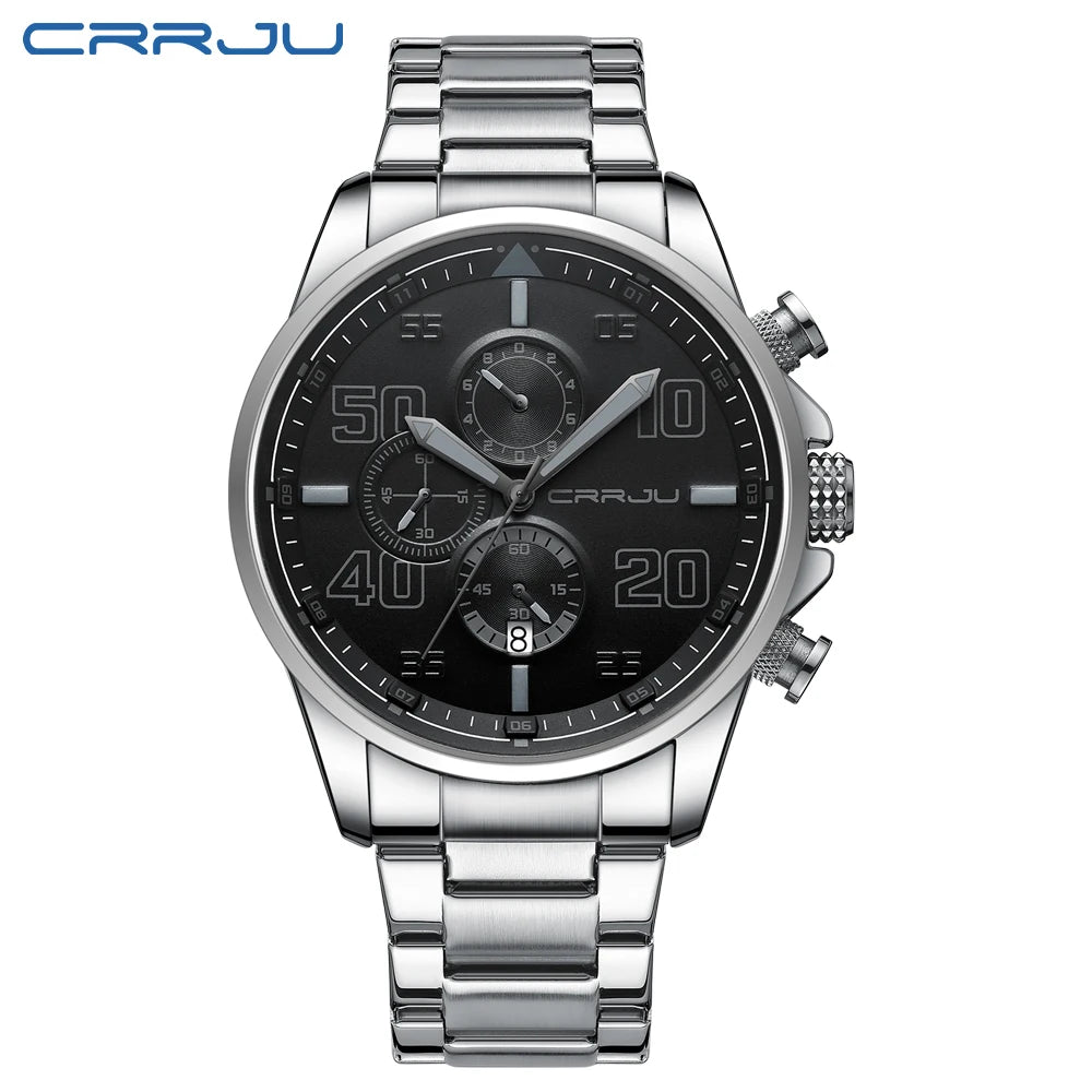 Orologio da uomo CRRJU – Cronografo di lusso, quadrante grande, acciaio inossidabile, impermeabile, con datario