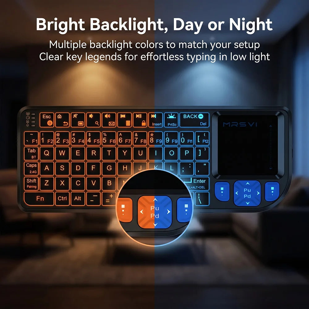 MRSVI Mini Keyboard A8 PLUS,Backlit 2.4GHz&Bluetooth5.0 Wireless Keyboard with Touchpad for Android TV Box,Mac,Laptop,Windows