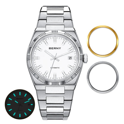 Orologio automatico da uomo BERNY, dorato, vetro zaffiro, lancette luminescenti, originale al 100%, dotato di movimento PT5000, rivestimento antiriflesso, modello di lusso con lunetta intercambiabile, impermeabile fino a 5 ATM.