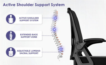 AUTHMIC Ergonomic Office Chair Mesh Back Lumbar Support Flip-Up Armrests Reclining Adjustable Height for Home Office Desk Work