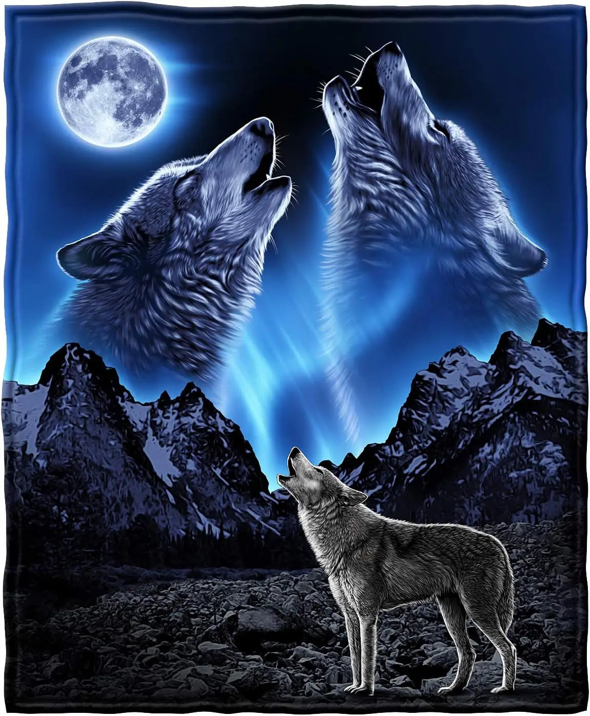 Howling Wolf Moonlight Mountain Throw Blanket Wildlife Art Design for Bedroom Decor Gift for Him NatureStyle