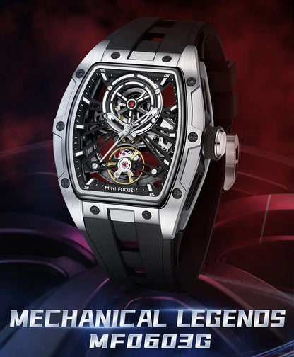 Reloj de pulsera MINI FOCUS para hombre, negro, a la moda, resistente al agua, mecánico automático, con manecillas luminosas, correa de silicona y esfera tonneau