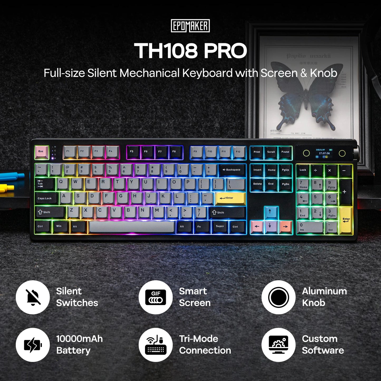 Teclado mecánico EPOMAKER TH108 PRO 100% de tamaño completo, hot-swap, con cable/BT/inalámbrico 2.4Ghz, pantalla y perilla, batería de 10000mAh