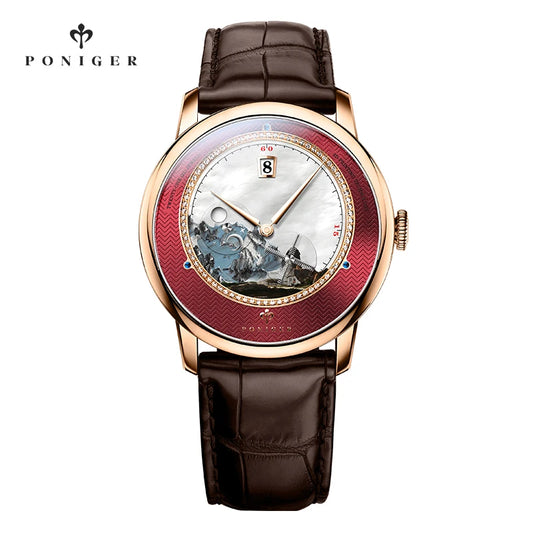 PONIGER Sapphire Crystal Glass Wrist Watch Painting Dial Man Leather Automatic Wristwatch MIYOTA 8219