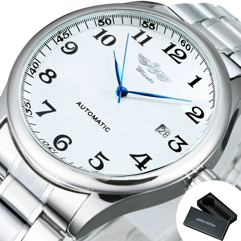 Orologio da uomo WINNER – Stile classico, retrò ed elegante – Orologio meccanico a carica automatica con calendario – Marchio di lusso, cassa in acciaio e cinturino in pelle