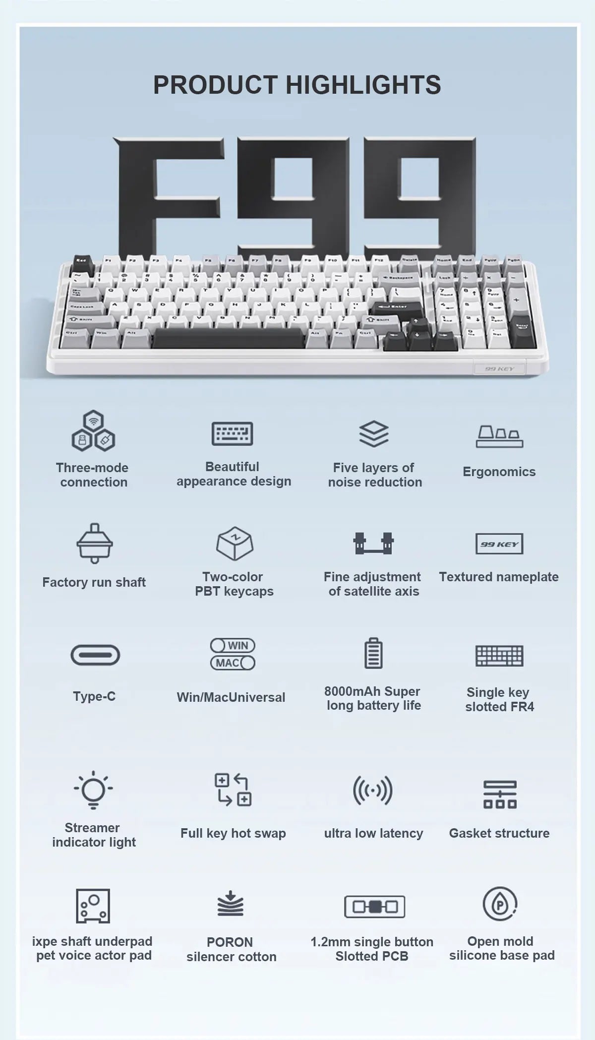AULA F99 Machanical Keyboard Bluetooth 5.0/2.4G Wireless/Wired Gasket-mounted Gaming Keyboard 99 Keys Customizable Keyboards