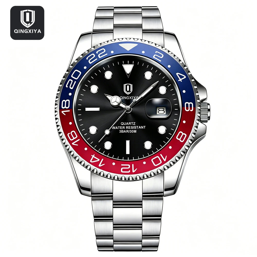 QINGXIYA Montres de luxe à quartz pour homme en acier inoxydable, étanches, avec date luminescente, montre-bracelet pour homme, reloj hombre