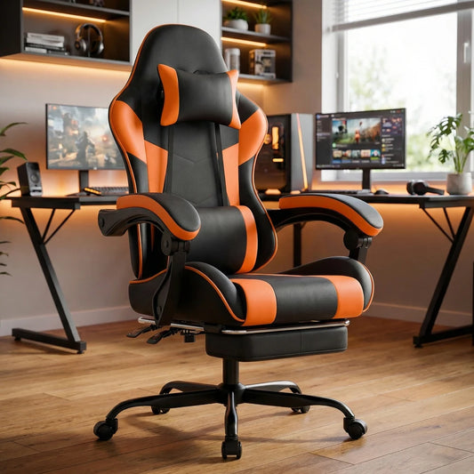 Gaming Chair Ergonomic Gaming Armchair with Lumbar Support, Breathable Pu Leather Office Chair, Comfortable Computer Chair, Load Capacity 200kg, Adjustable Seat Height and Backrest, Black-Orange