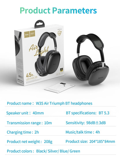 HOCO W35 Air Over-ear Bluetooth Headphones Wireless Sports headset Suport TF card AUX mode Stereo Smart Gaming Student Earphones