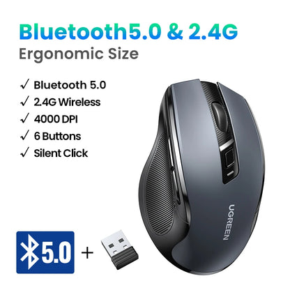 UGREEN Wireless Mouse Bluetooth 5.0 Ergonomic 4000 DPI 6 Mute Buttons For MacBook Computer Tablet Laptop PC 2.4G Mice Mouse