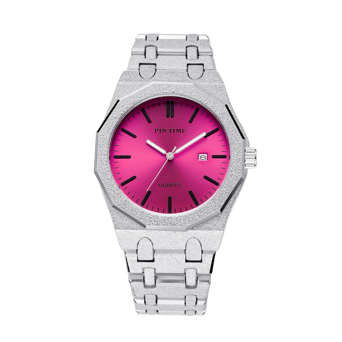 Octagon Wristwatch Glitter Textured Case Purple Dial Date Display Quartz Watch Unisex Stylish Trendy Casual Fashion Watch