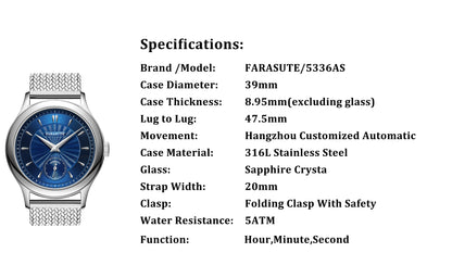 FARASUTE Retro Hangzhou Customized Movement Automatic Mechanical Watch Men Sapphire Stainless Steel Small Second Hand Wristwatch