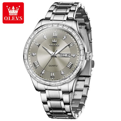 Orologio da uomo al quarzo OLEVS 9906, modello quadrato impreziosito da diamanti, cinturino in acciaio inossidabile, impermeabile, con doppio calendario; un orologio da polso di lusso, originale, ideale per l’ambiente professionale.