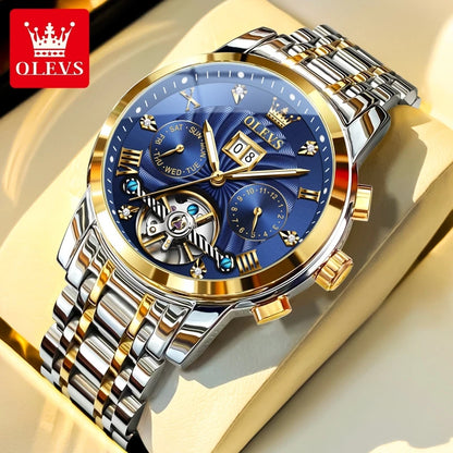 OLEVS 9910 Moška ura Originalna luksuzna blagovna znamka Vodoodporna Svetleča Avtomatska Mehanska ura Ura z dvojnim koledarjem Škatla za uro Reloj