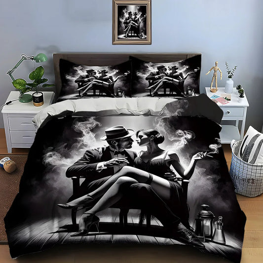 Couple in Black-and-White Smoky Scene Bedding Set for Kids Luxury Gift 3pcs Digital Print Comforter Set Soft Comfortable