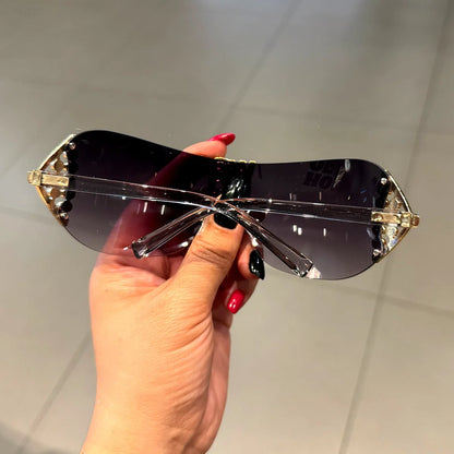 Luxuriöse Y2K-Sonnenbrille für Damen ohne Rahmen mit Strassbuchstaben – Designer-Sonnenbrille für den Außenbereich, UV400-Schutz