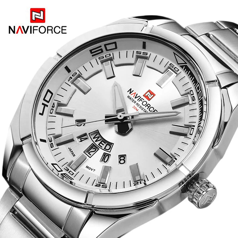 Orologio da uomo NAVIFORCE, interamente in acciaio, impermeabile, stile casual, movimento al quarzo con datario – Orologio da polso di lusso da uomo, di un marchio di primo piano.