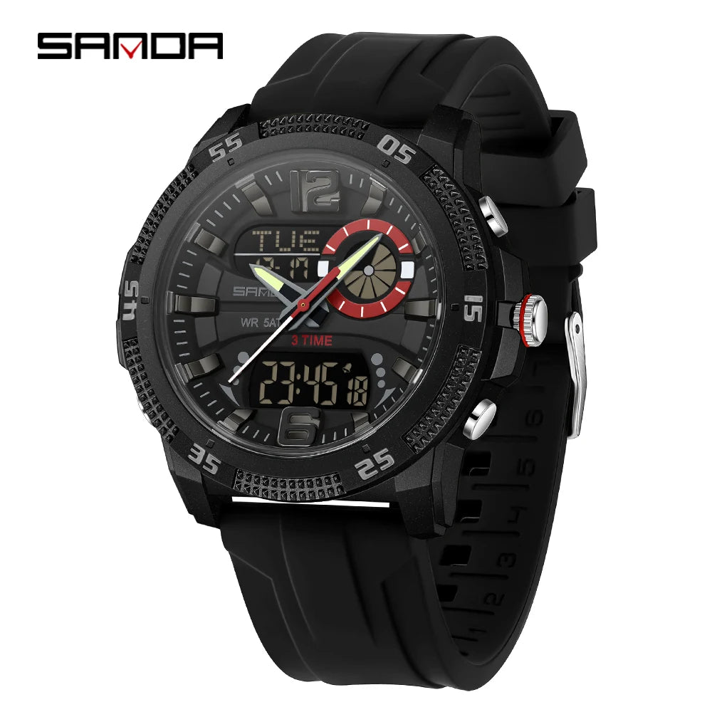 Montres de luxe pour homme SANDA Fashion : montre-bracelet à quartz analogique et numérique, style sportif, décontractée, étanche, avec chronographe en silice